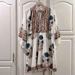 Sue Sarter dress, turquoise, white and brown print, knee length size L